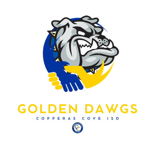 Bulldawg head enclosed by interlocked hands. Golden Dawgs. Copperas Cove ISD. Includes CCISD logo below.