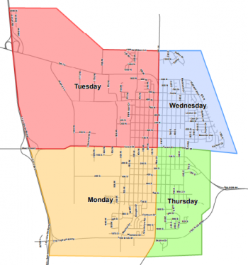 map overlaying Brigham City with colors designating leaf collection days