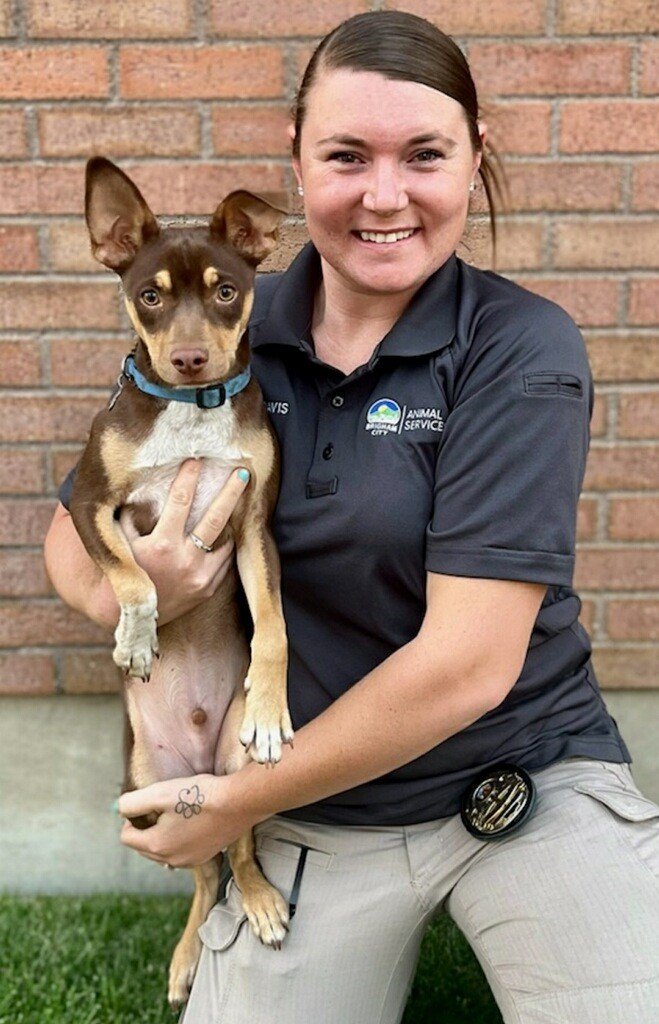 A woman wearing a black shirt holds a dog