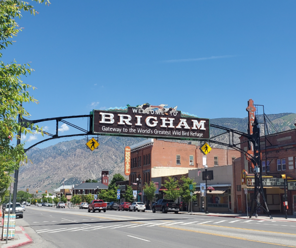 The Brigham City arch over Main Street on a sunny day