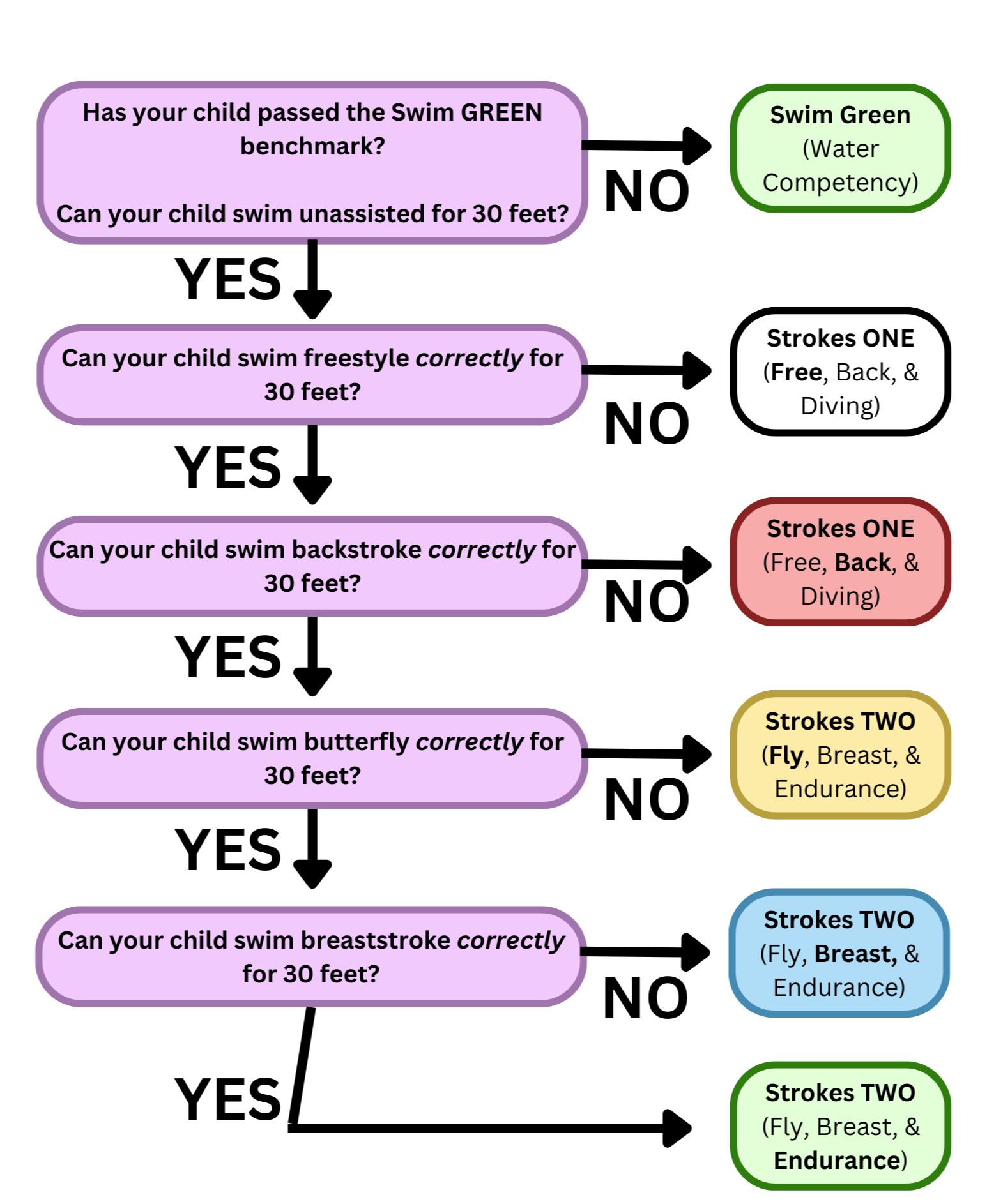 Flow chart showing proper class placement for Starfish Stroke School