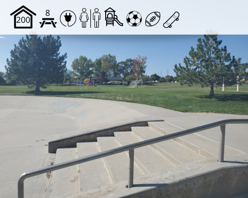steps into the skate park with lawn, a soccer goal, and playground in the background
