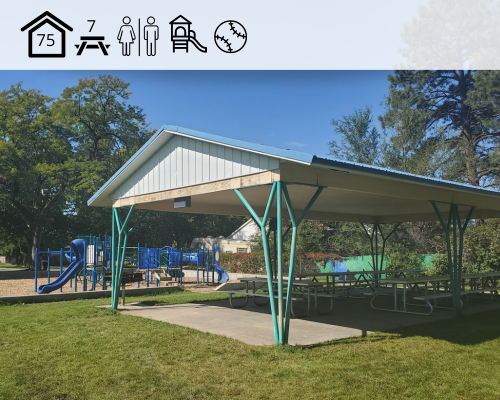 picnic tables under a pavilion and a playground in the background