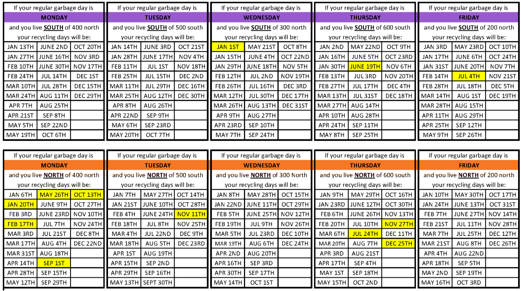 list of recycling pickup dates based on garbage pickup day