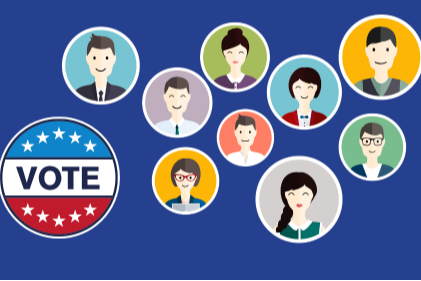 colorful circles with people representing candidates inside
