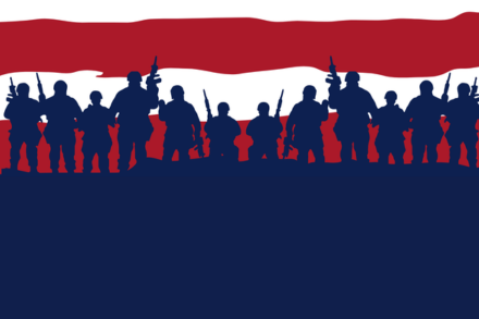 military figures are silhouetted in dark blue against a red and white striped background