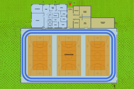 proposed layout of city-owned gym space with current recreation offices, restrooms, three full courts and walking track