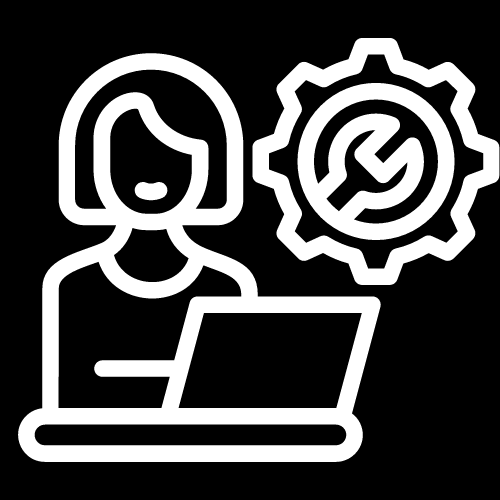Help Desk Logo- Person in Front of Computer with gear & wrench
