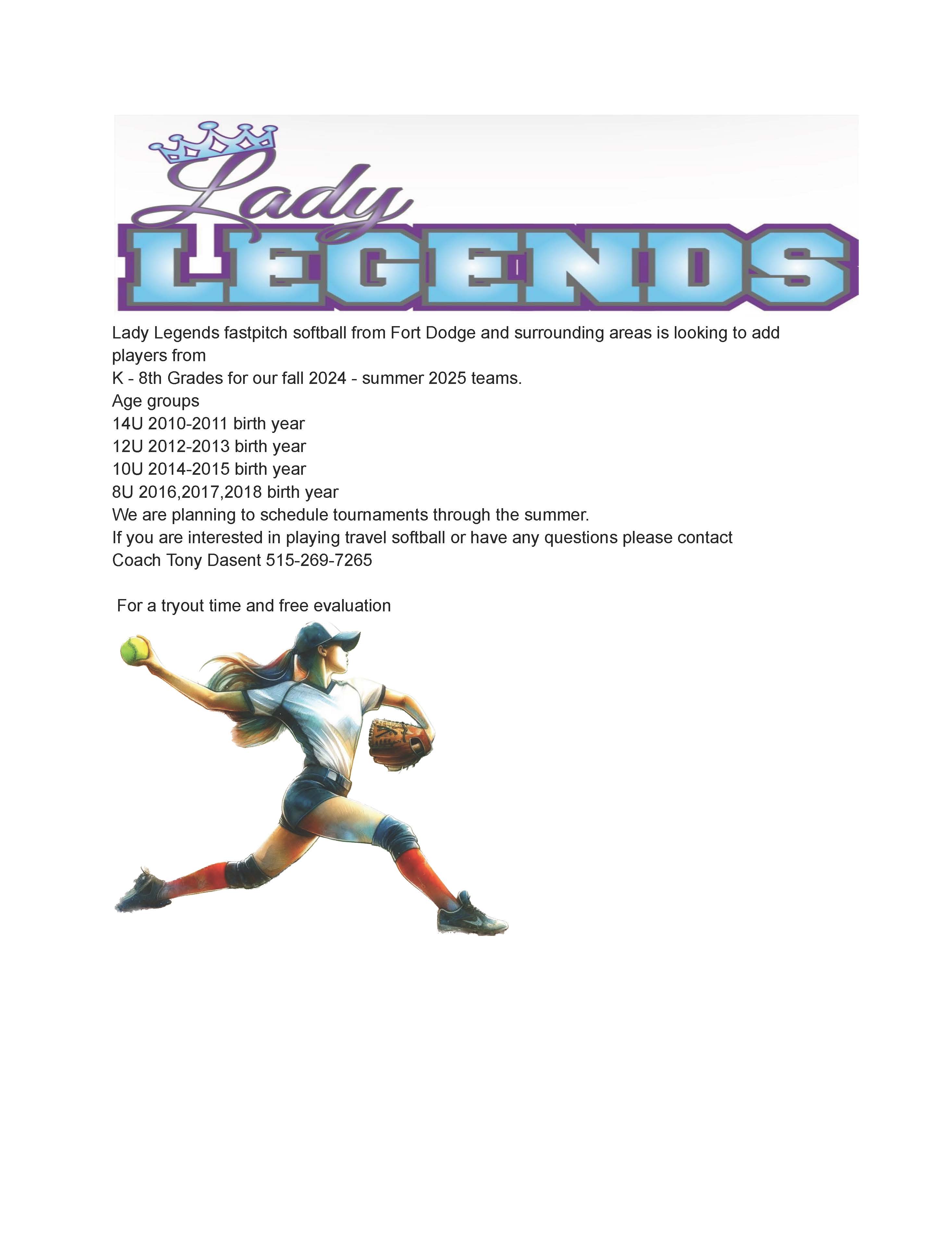 lady legends softball information