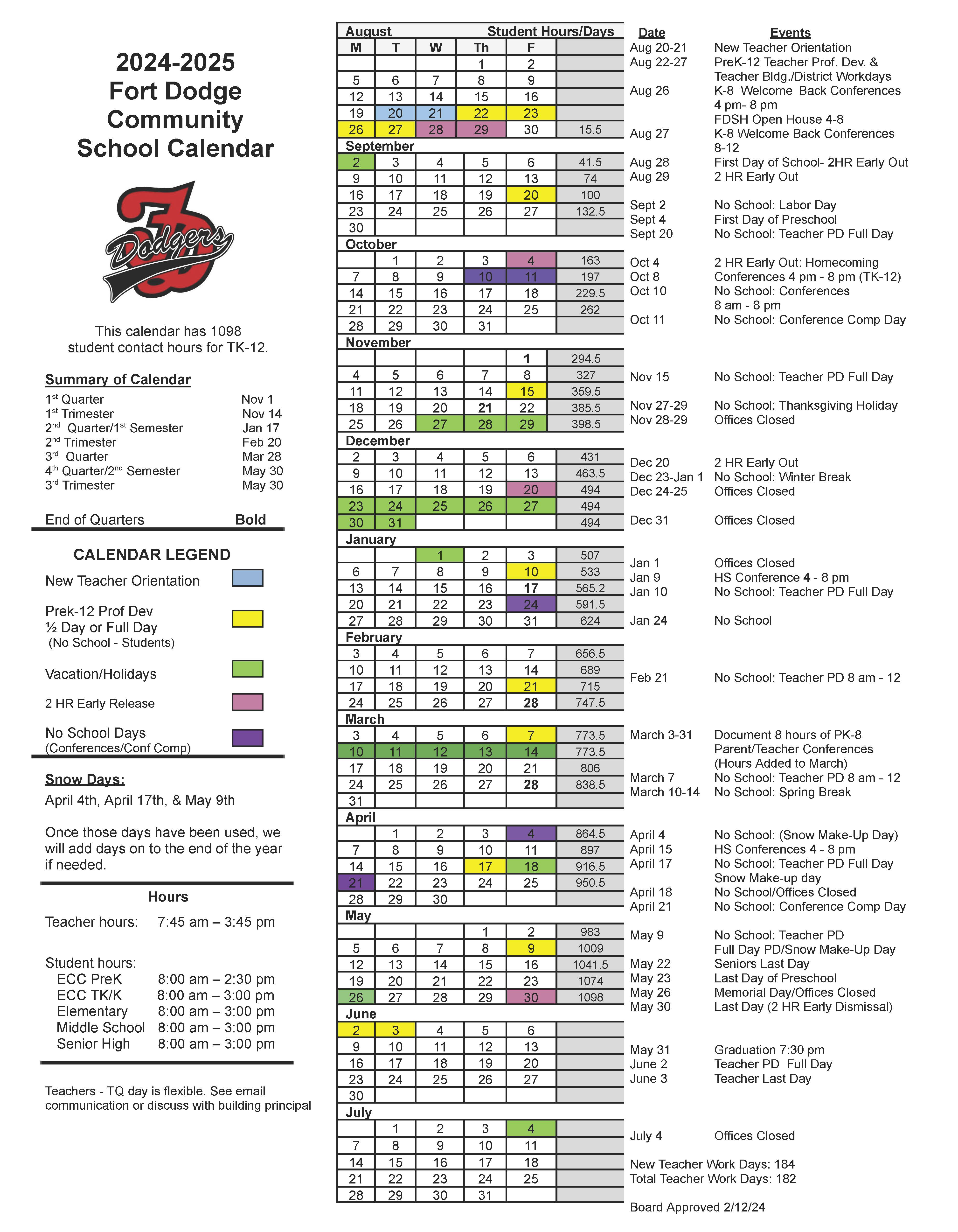 2024-2025 school calendar