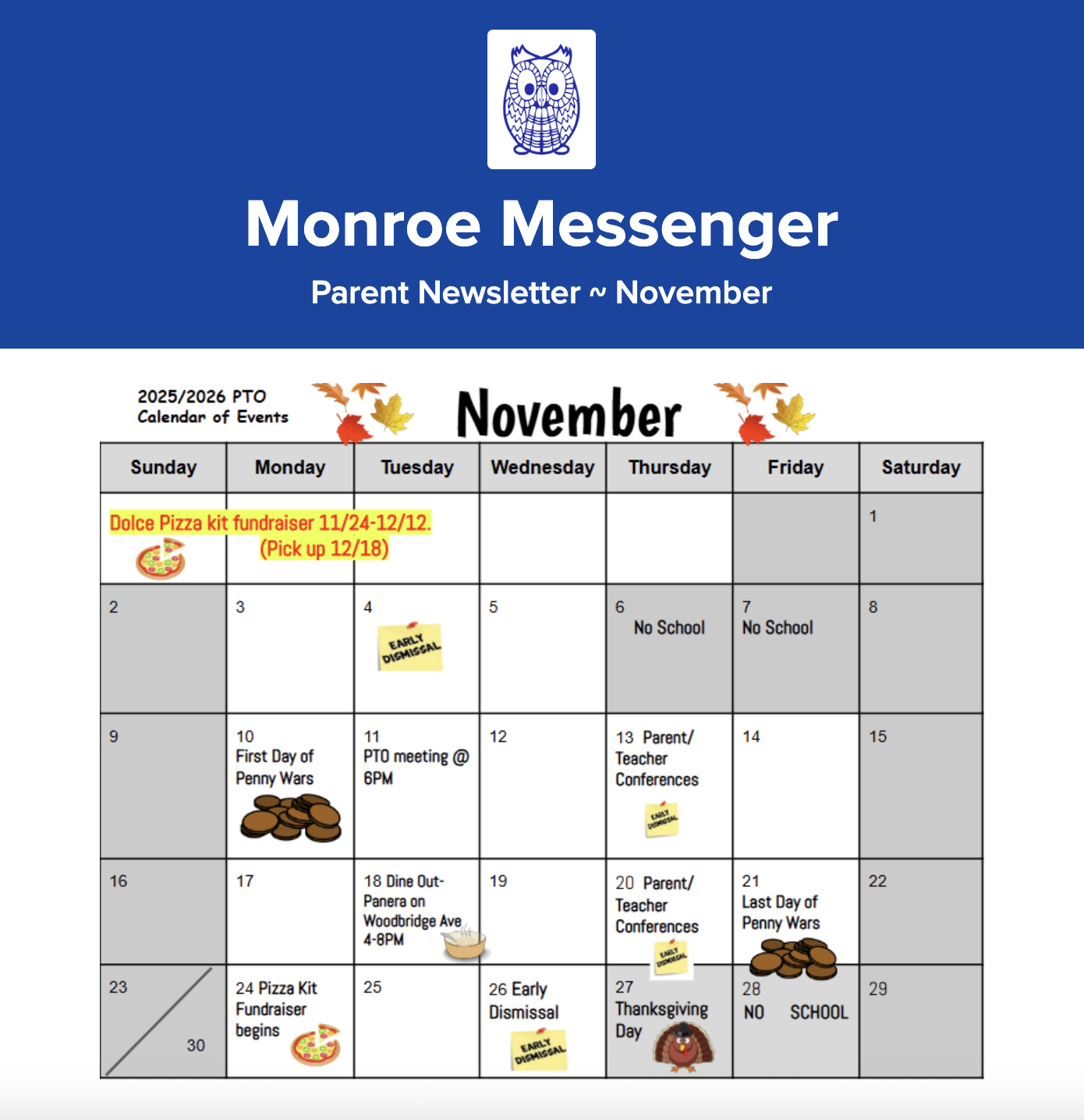 The Monroe Messenger with a royal blue background and white lettering. The November PTO calednar is attached with different PTO events occuring this month. 
