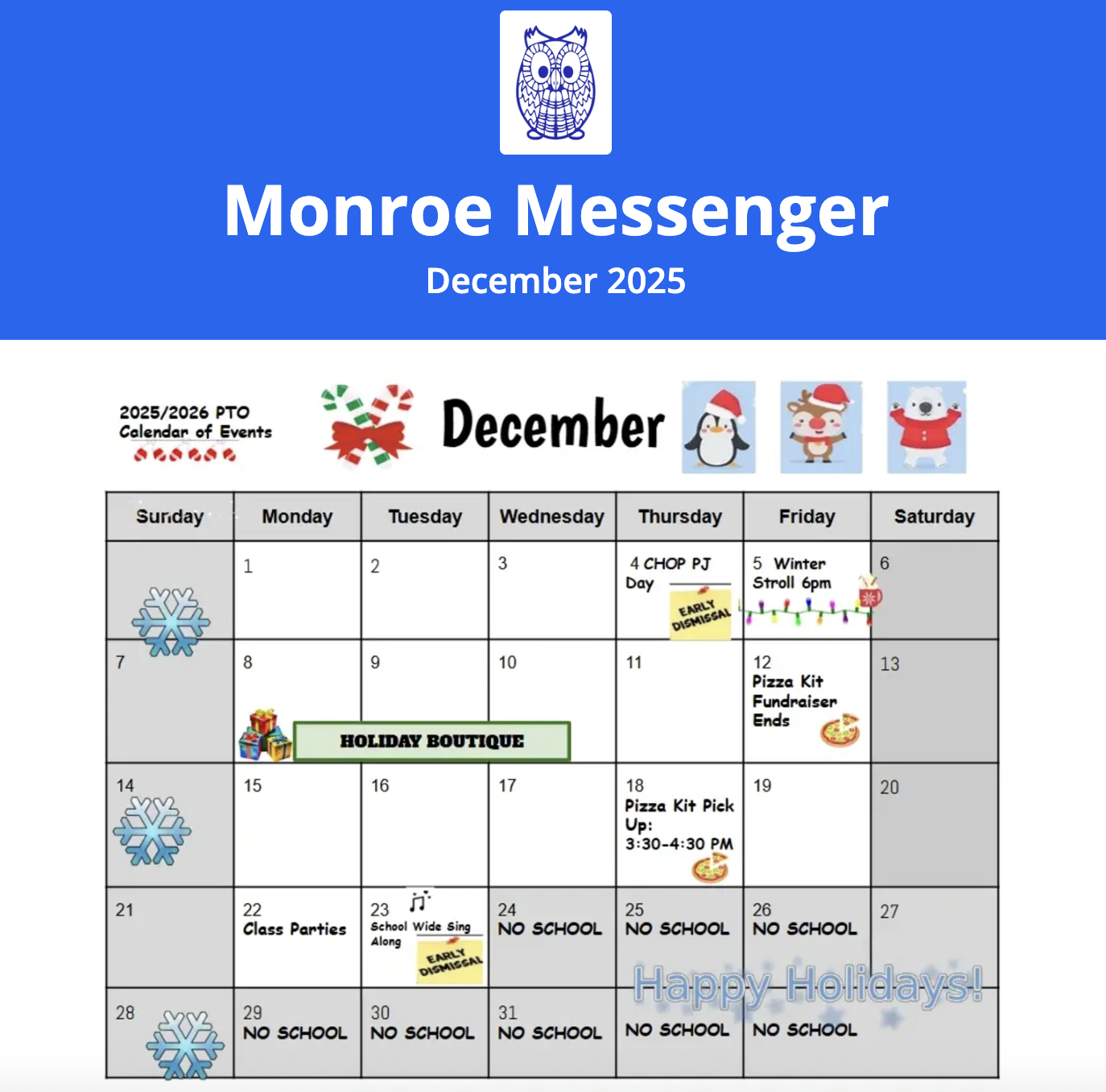 Monroe Messenger with a blue background and white lettering. It's the December edition with different winter themed icons like a penguin, reindeer, and  polar bear. It includes the month of December events.