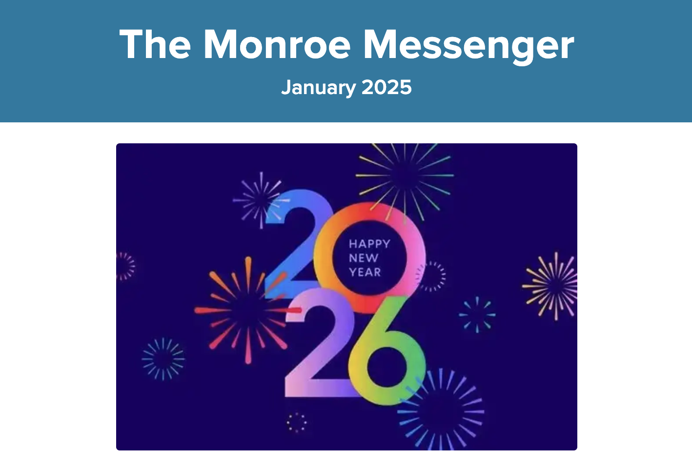 Monroe Messenger with a blue background and white lettering. It's the January edition with a Happy New Year multicolored image with colorful fireworks in the background.