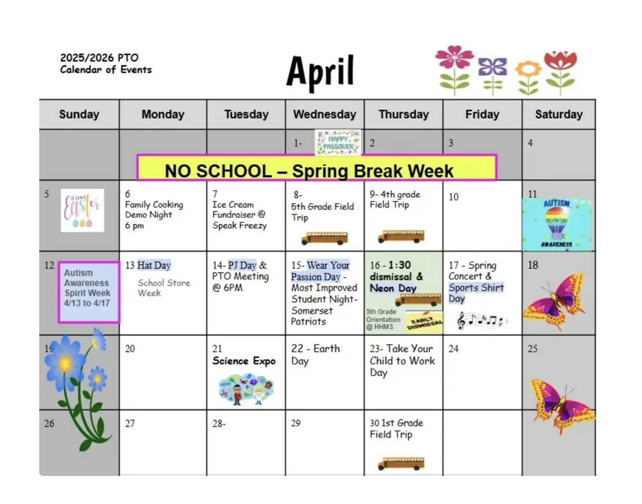 MON- April Calendar with a list of events for each day.