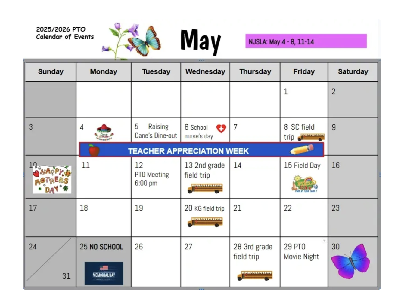 MON- May PTO Calendar of events. There are images of school buses, a butterfly, a Happy Mother's Day picture, an American flag for Memorial Day, and an apple and pencil for Teacher Appreciation Week.