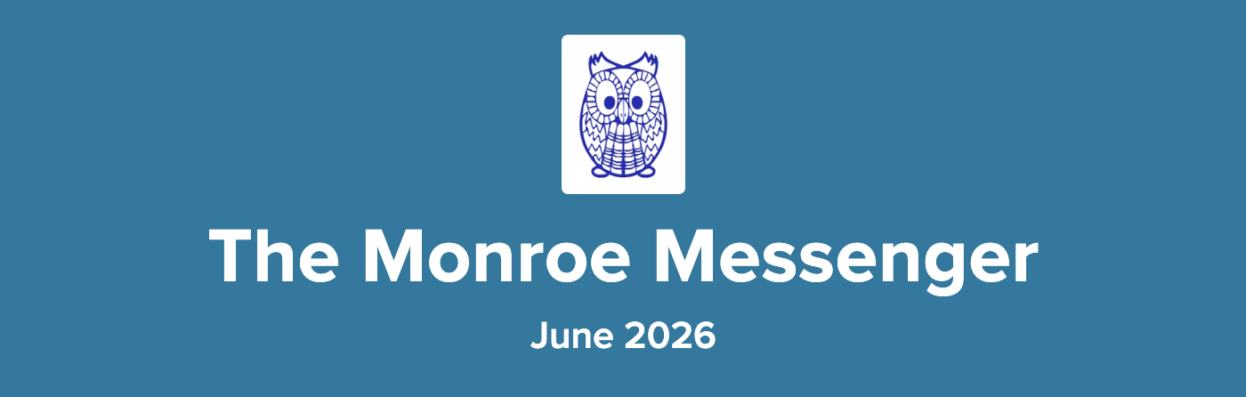 MON- June 2026 Monroe Messenger with a blue background and white font. There is an image of the blue Monroe Owl