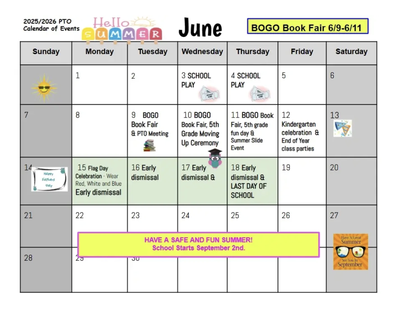 MON- June PTO Calendar of events. Attached to the calendar are events happening in them on the of June. The font is in black and there are images of the sun, tickets, a owl graduate, books, and Father's Day flyer attached to the calendar.