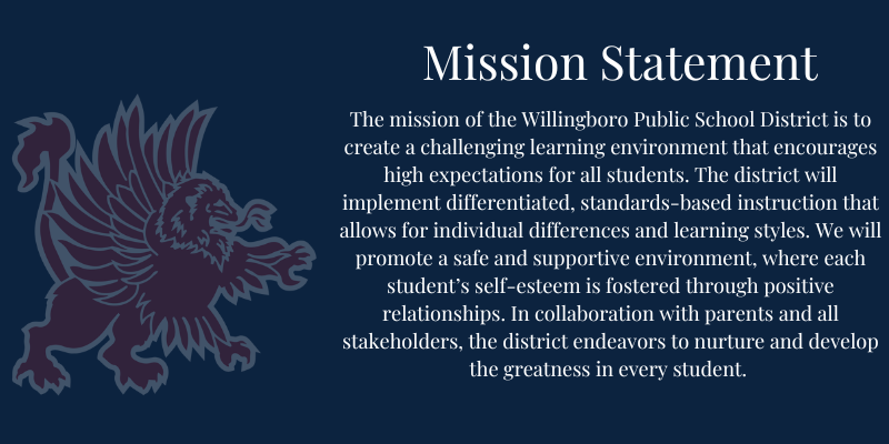 The mission of the Willingboro Public School District is to create a challenging learning environment that encourages high expectations for all students. The district will implement differentiated, standards-based instruction that allows for individual differences and learning styles. We will promote a safe and supportive environment, where each student’s self-esteem is fostered through positive relationships. In collaboration with parents and all stakeholders, the district endeavors to nurture and develop the greatness in every student. 