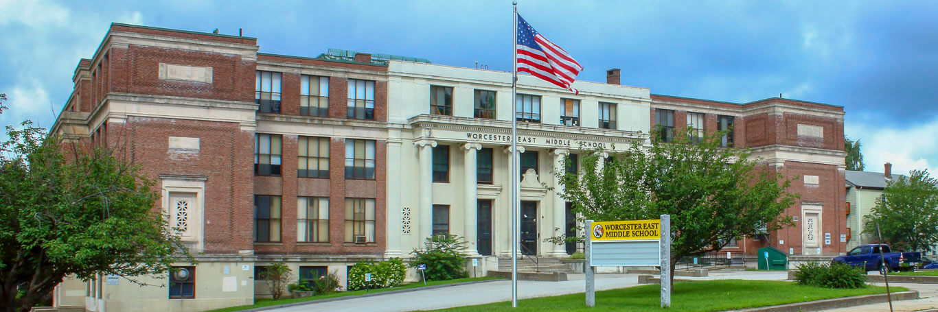 Worcester East Middle School Old style building with large columns at the front entrance 