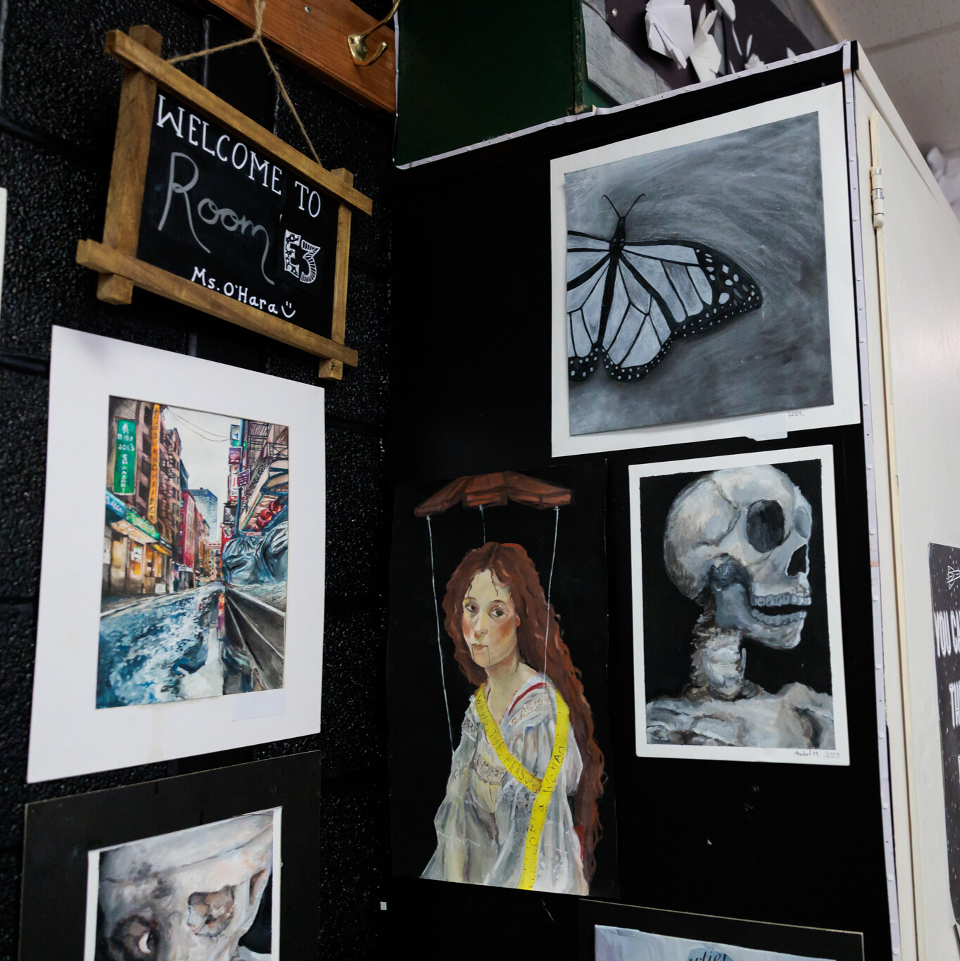 Art work displayed in a classroom.