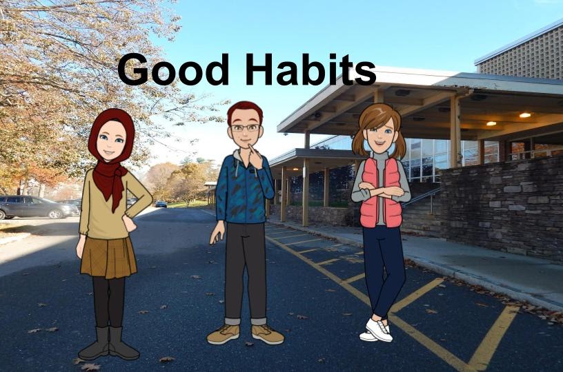 Illustration of three students outside school, Good habits written on top