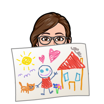 Teacher's bitmoji holing a drawing of a house, a kid waving and a cat.