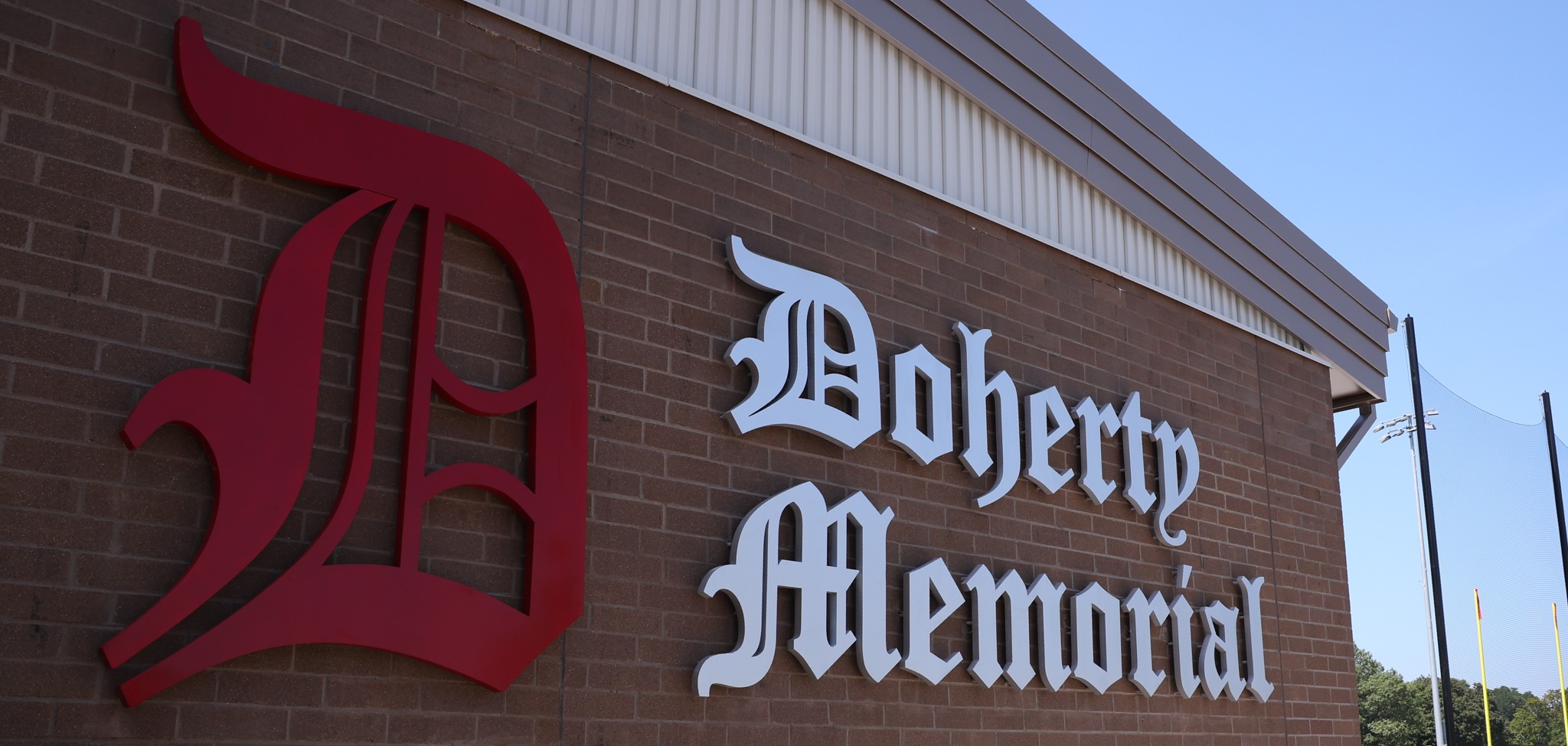 A sign that says "Doherty Memorial" 