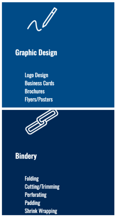 Image of text listing bindery and graphic design services as stated on page above