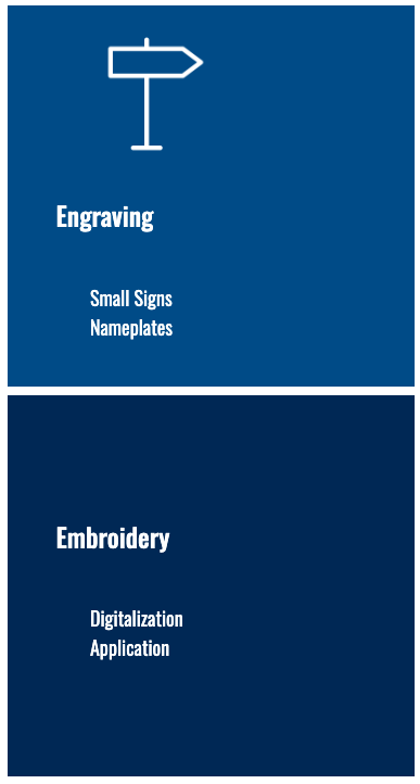 Image of text outlining engraving and embroidery services, which is also listed in accessible text on this page