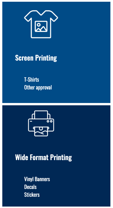 Image of text outlining screen printing and wide format printing services, which is listed in accessible format on this page