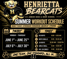 A poster with a black background features a logo of a bearcat mascot. Text reads "Henrietta Bearcats" and "Summer Workout Schedule."