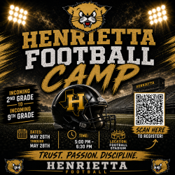 Poster with a football helmet, a stadium, and a cat. Text reads "Henrietta Football Camp" and "Trust. Passion. Discipline."