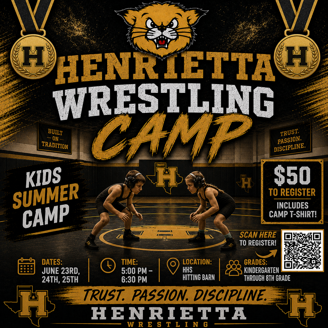 A poster advertises the Henrietta Wrestling Camp. Two wrestlers compete, one wears gold medals. Dates: June 23rd, 24th, 25th, 8:30 AM. Location: Pitting Barn. Price: $50.