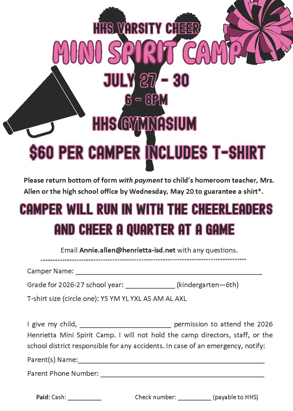 Poster for a mini spirit camp with a megaphone, pom pom, and T-shirt. Details include cost, dates, and contact email.
