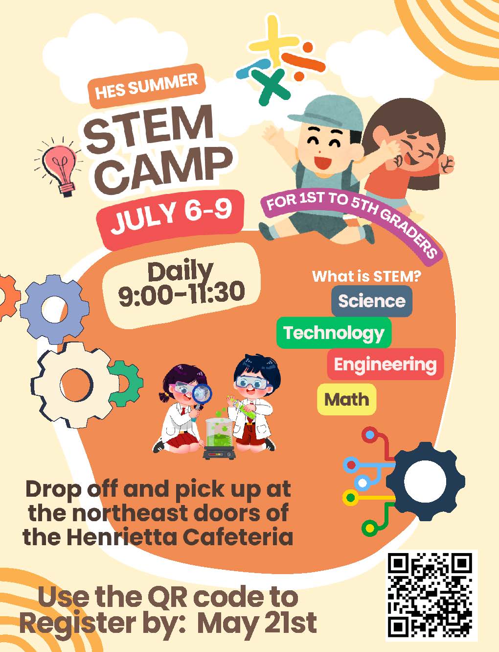 Advertisement for a STEM camp. Children and gears are shown. Registration deadline is May 21st.