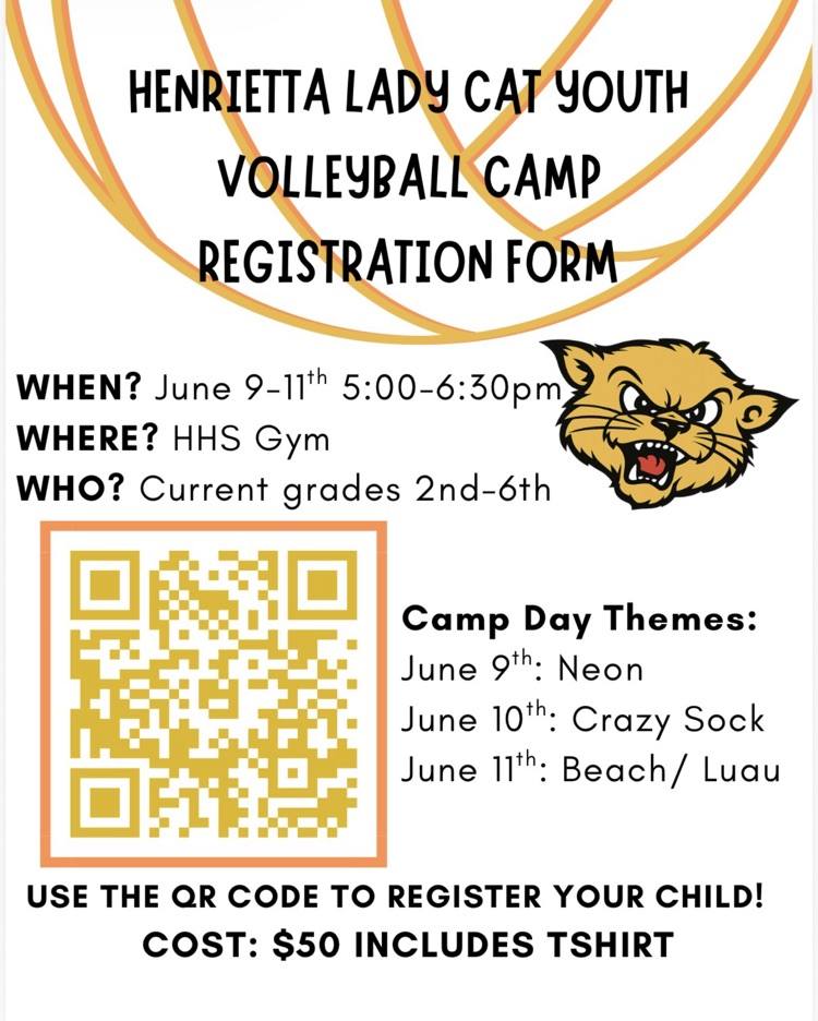 Volleyball camp registration form. June 9-11, 5:00-6:30pm at HHS Gym. For grades 2nd-6th. QR code for registration. Cost: $50 includes t-shirt.