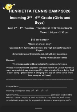 A poster for Henrietta Tennis Camp 2026 for incoming 3rd-6th grade girls and boys, scheduled for June 2-4.