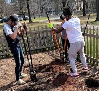 Students working in the community garden