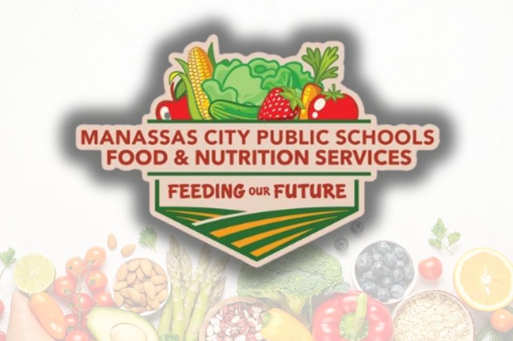 Various fruits and vegetables in the background with the Manassas City Public Schools Food and Nutrition Services logo in front 