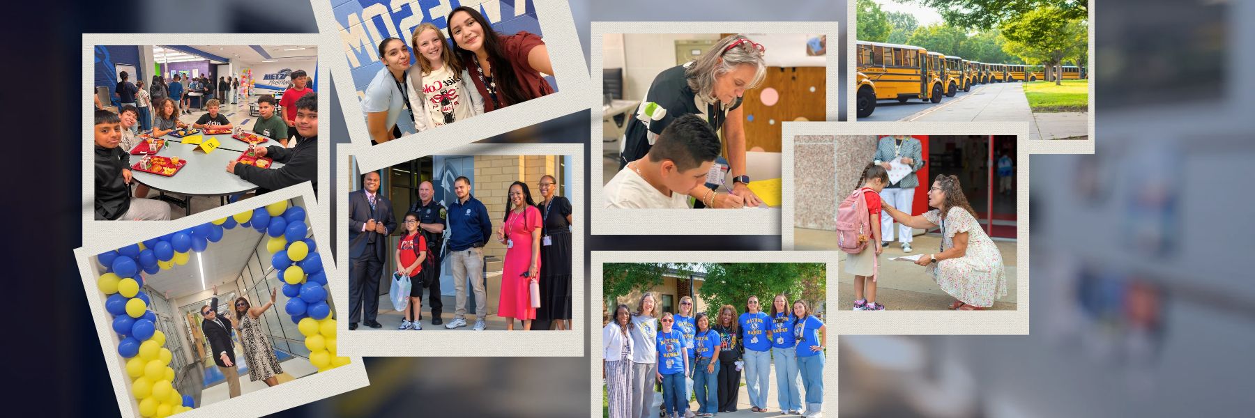 Collage of photos shows students and families at school events. Groups of people smiling, seated at tables, and standing together.