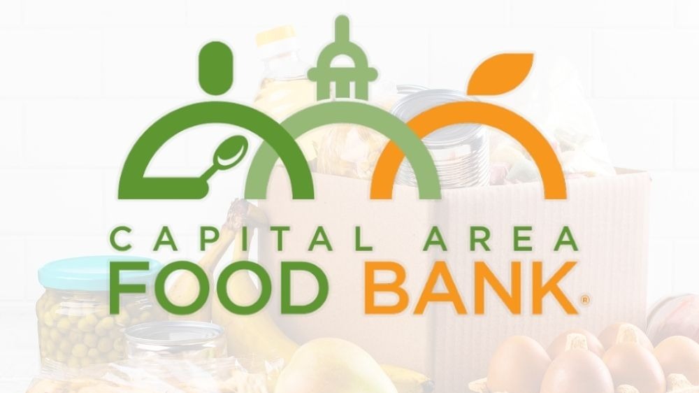 Capital Area Food Bank Logo with food in background