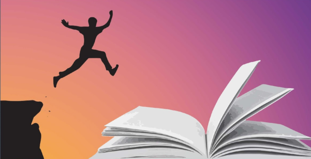 A photo of a person jumping into a book.