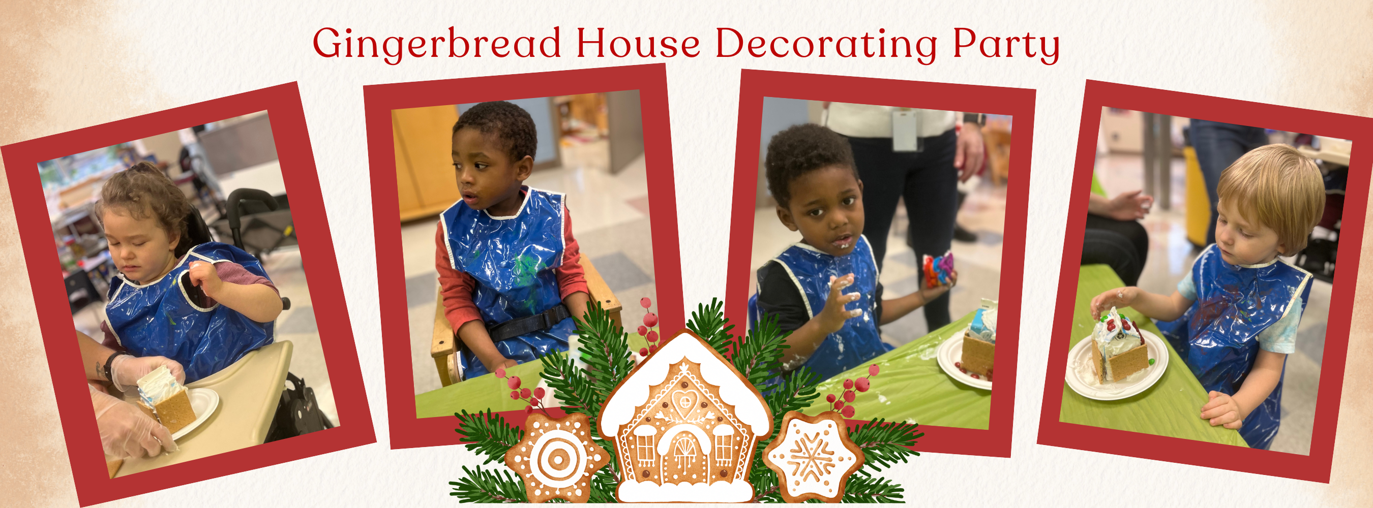 Gingerbread House Decorating Party with picture of students and staff participating