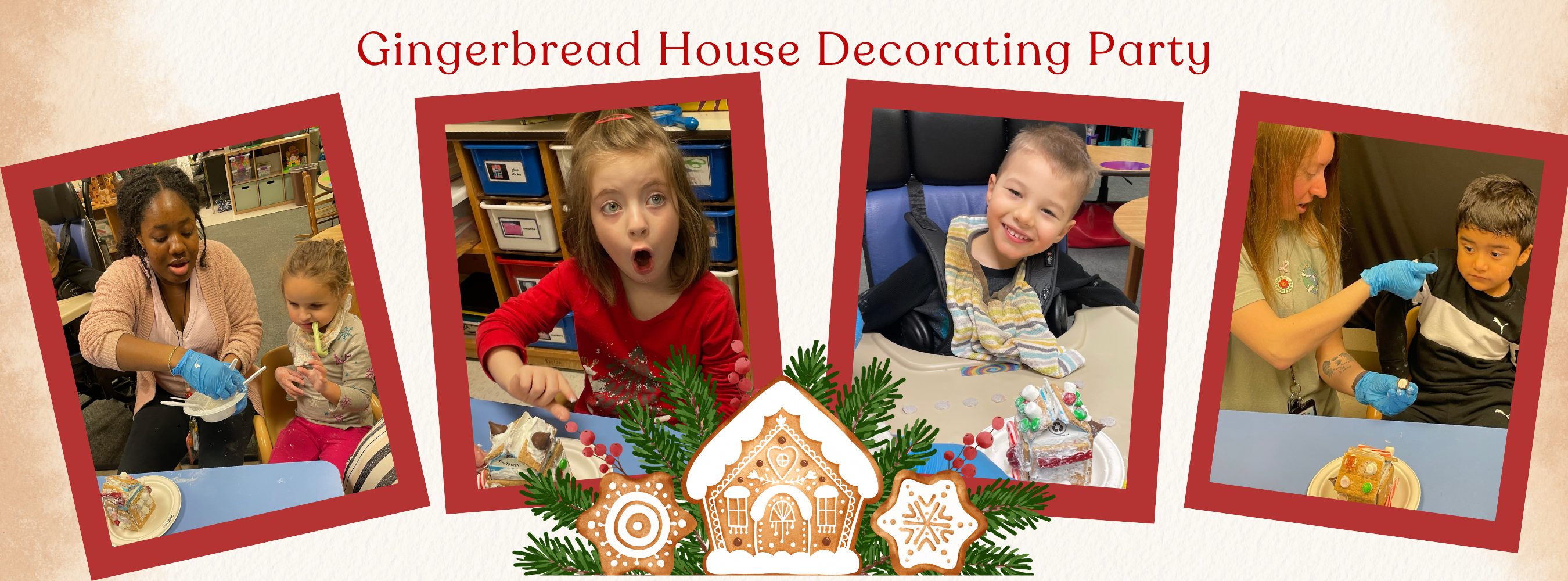 Gingerbread House Decorating Party with picture of students and staff participating