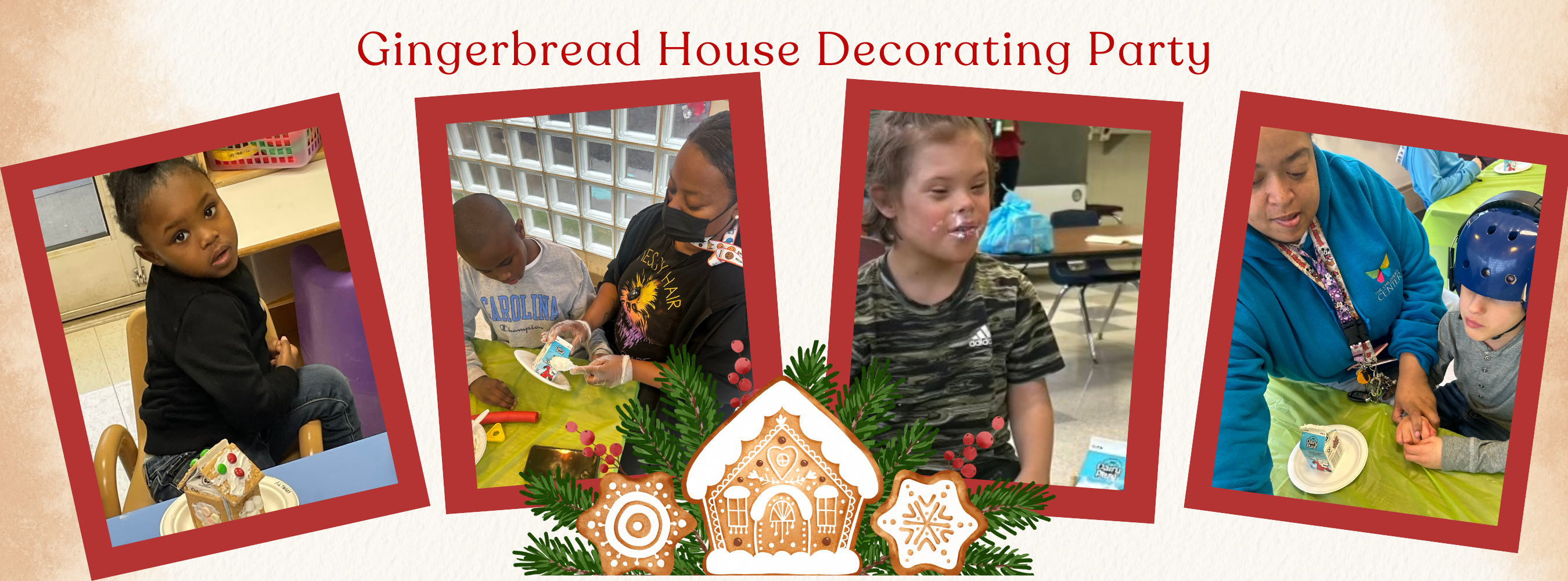Gingerbread House Decorating Party with picture of students and staff participating