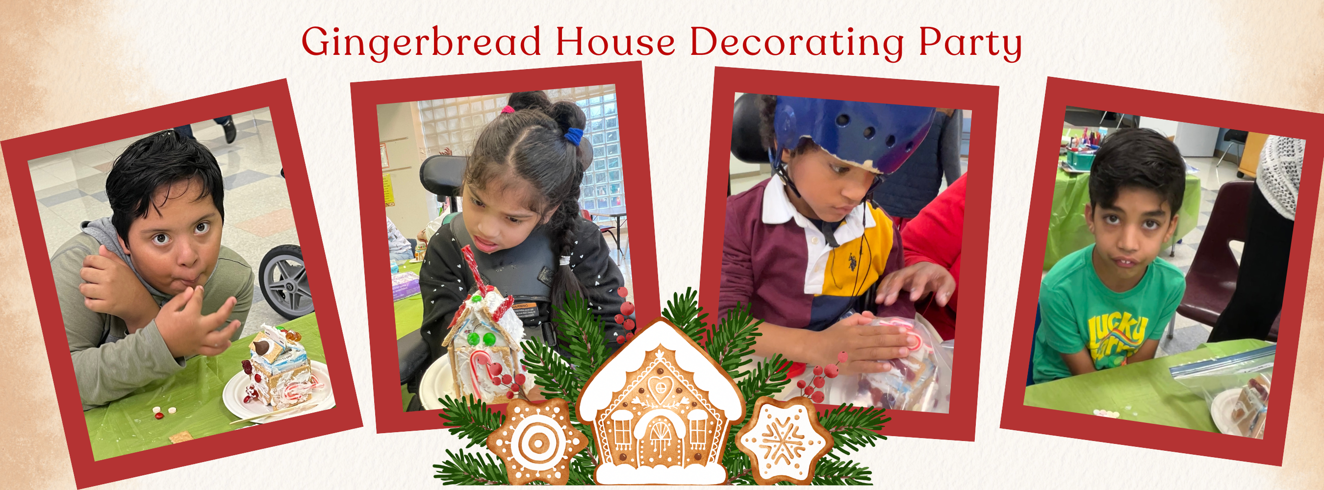 Gingerbread House Decorating Party with picture of students and staff participating