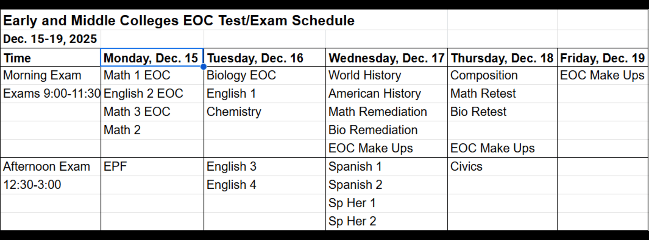 ECF/MCF Exam Schedule 2025