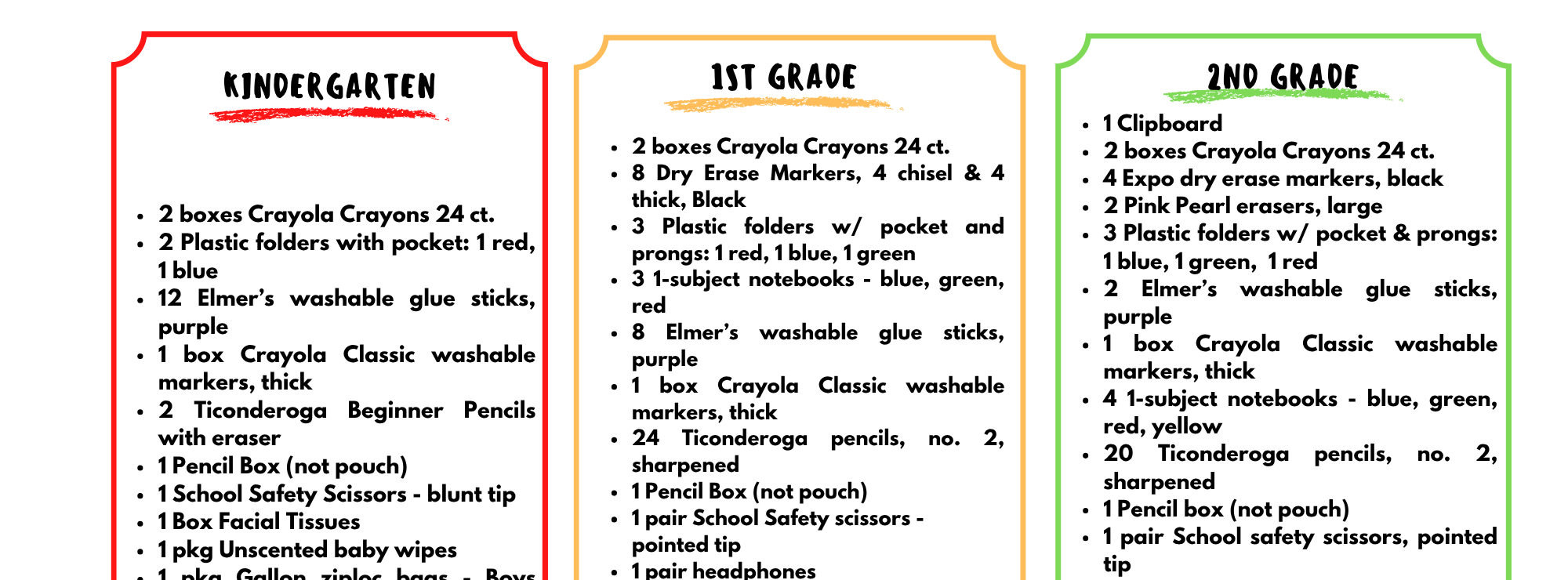 School supply lists for Kindergarten, 1st and 2nd grade 