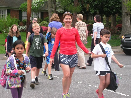 mom walking with kids