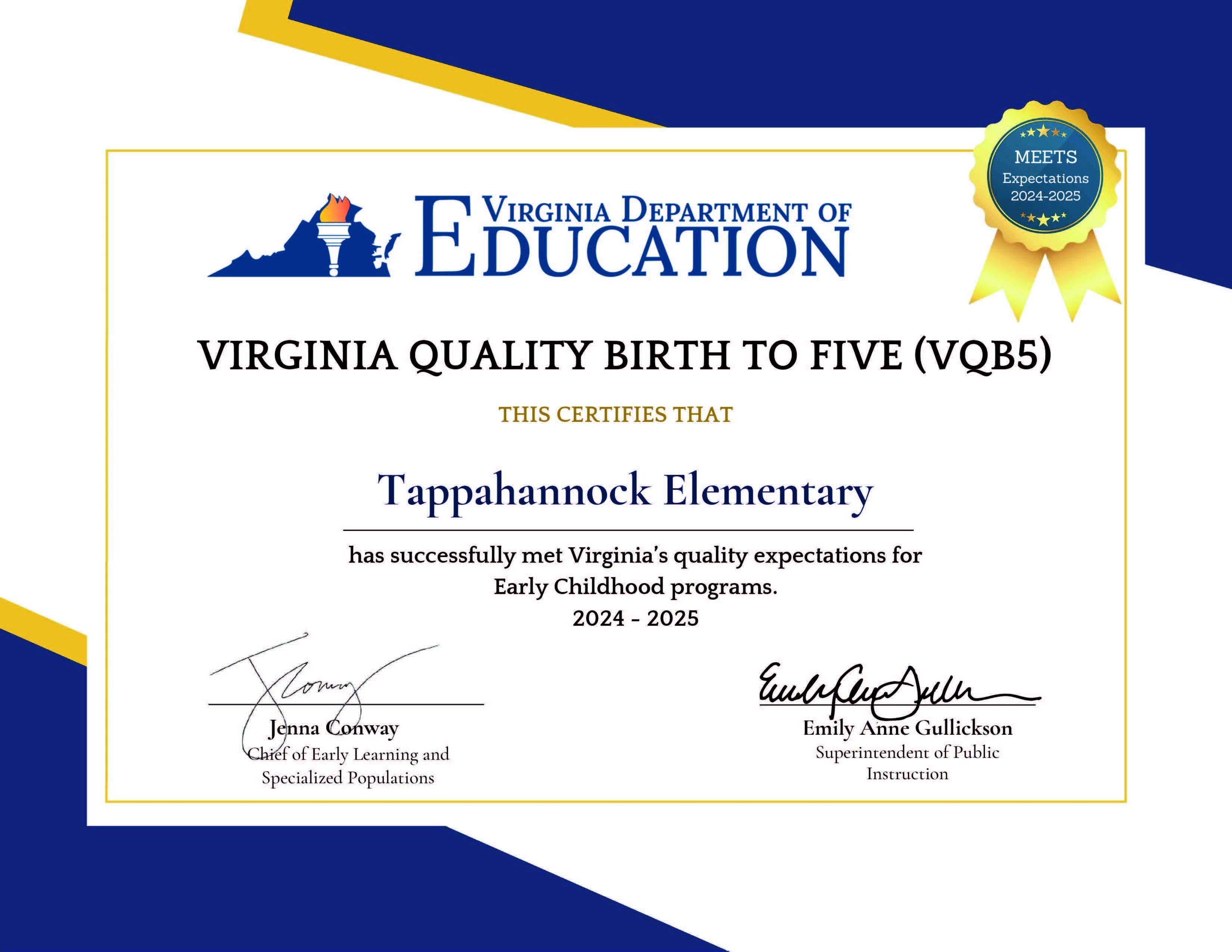 TES has successfully met the requirements for the VA Early Childhood Education Program. This shows a certificate with Jenna Conway Chief of Early Learning for VDOE with signature.